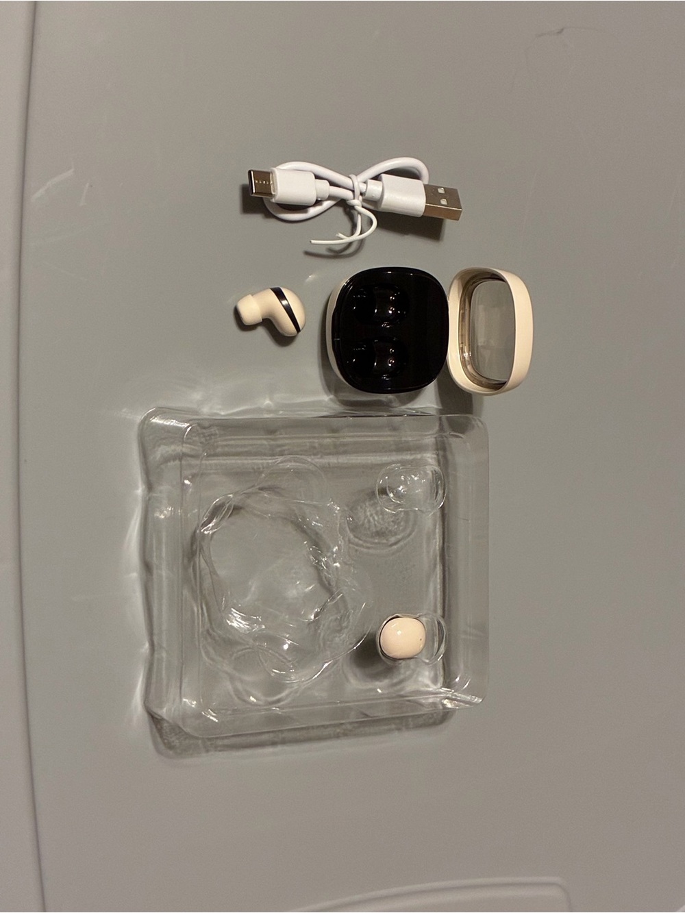 New Open Box Wireless Earbuds with Charging Case in Cream